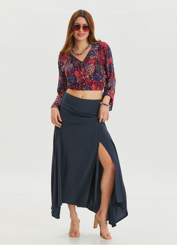 Zipper Detailed Slit Anthracite Asymmetric Skirt 4637